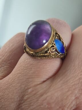 ​💍 ​Vintage Filigree Ring Ornate Enamel & Purple Cabochon Adjustable